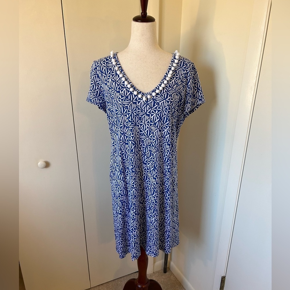 LILLY PULITZER ETTA CORSICA BLUE White Short Sleeve DRESS SIZE L LIKE NEW! - Picture 2 of 6